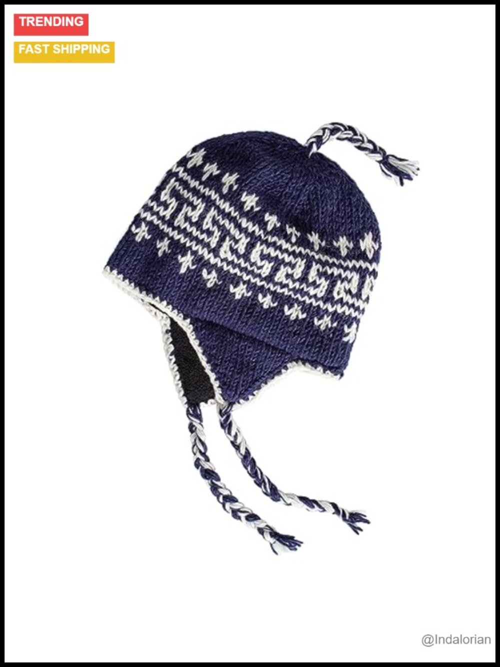Hand Knit Wool Beanie Ear Flaps Micro Fleece Lined Winter Toque Nepal